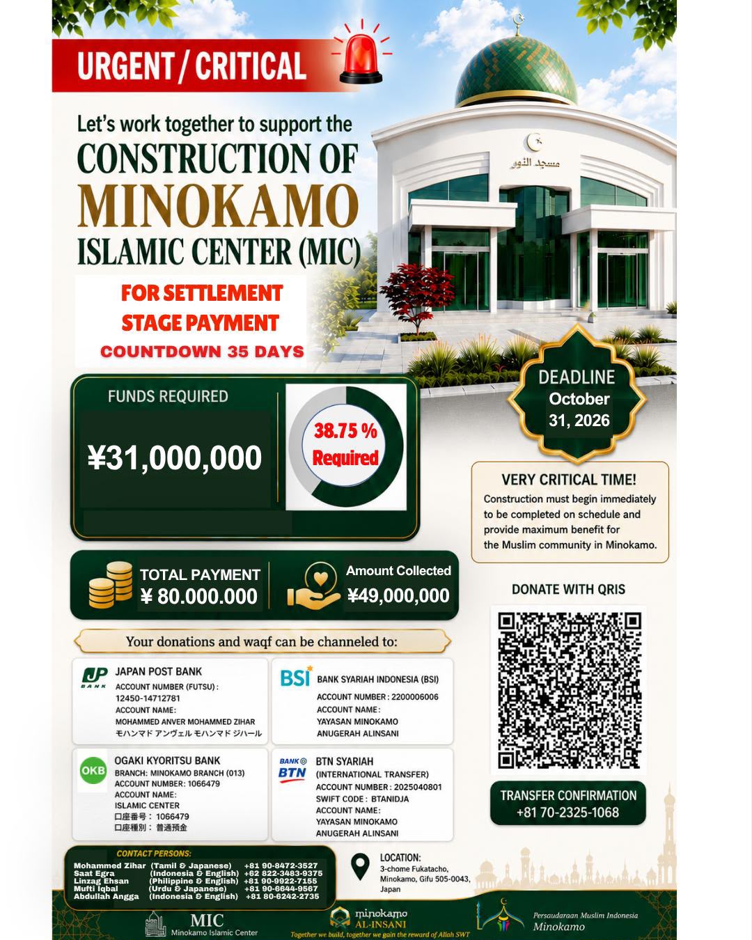 Urgent Fundraising for Minokamo Islamic Center Construction in Japan